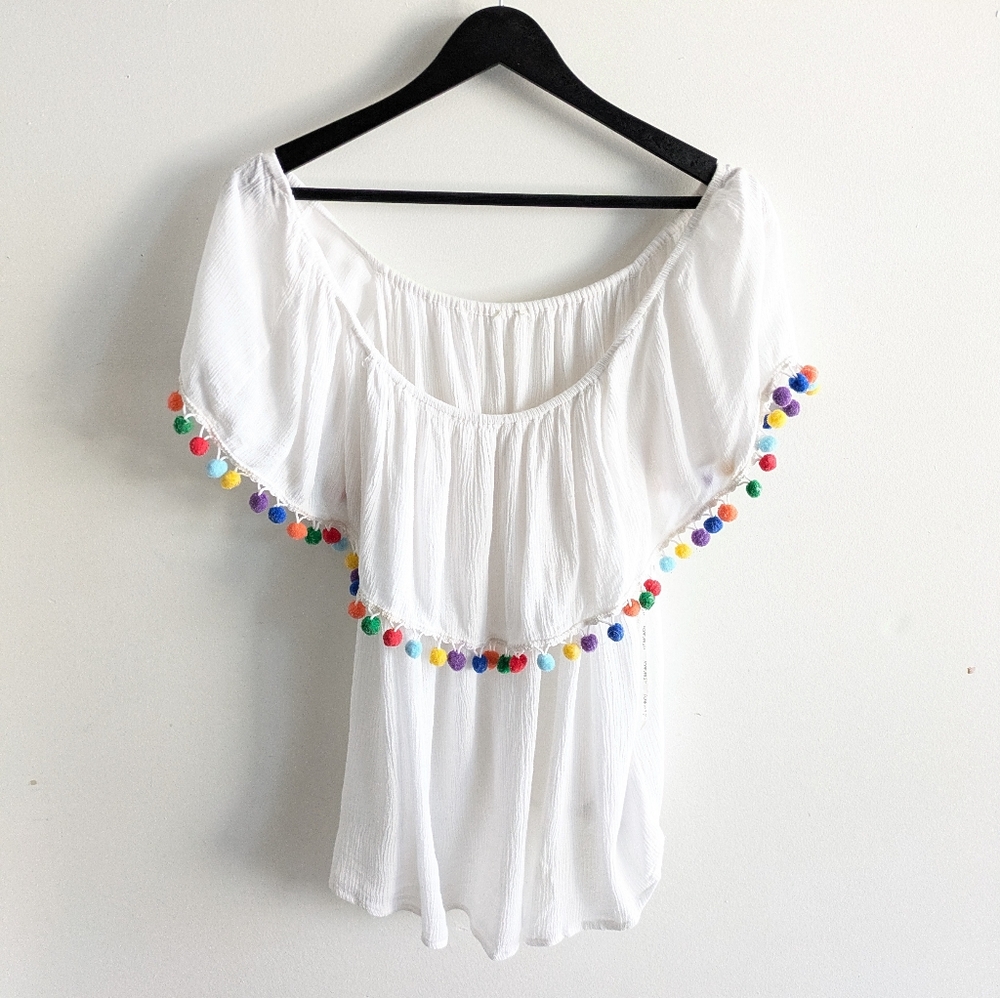 White Off The Shoulder Colorful Pom Pom Short Sleeve Top Size 1X